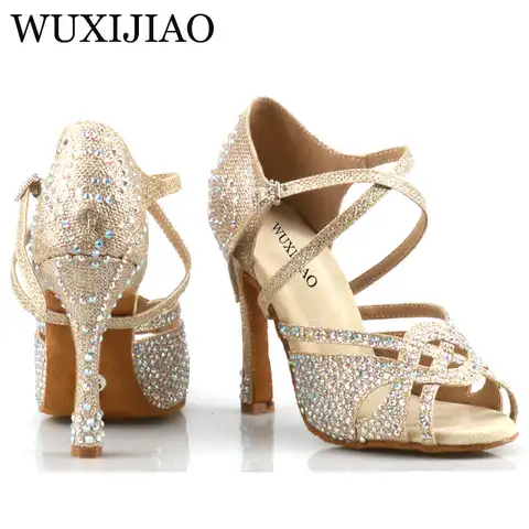 WUXIJIAO holesale женские золотые туфли для латинских танцев новый стиль обувь для танцев уникальный дизайн обувь для сальсы сандалии со стразами