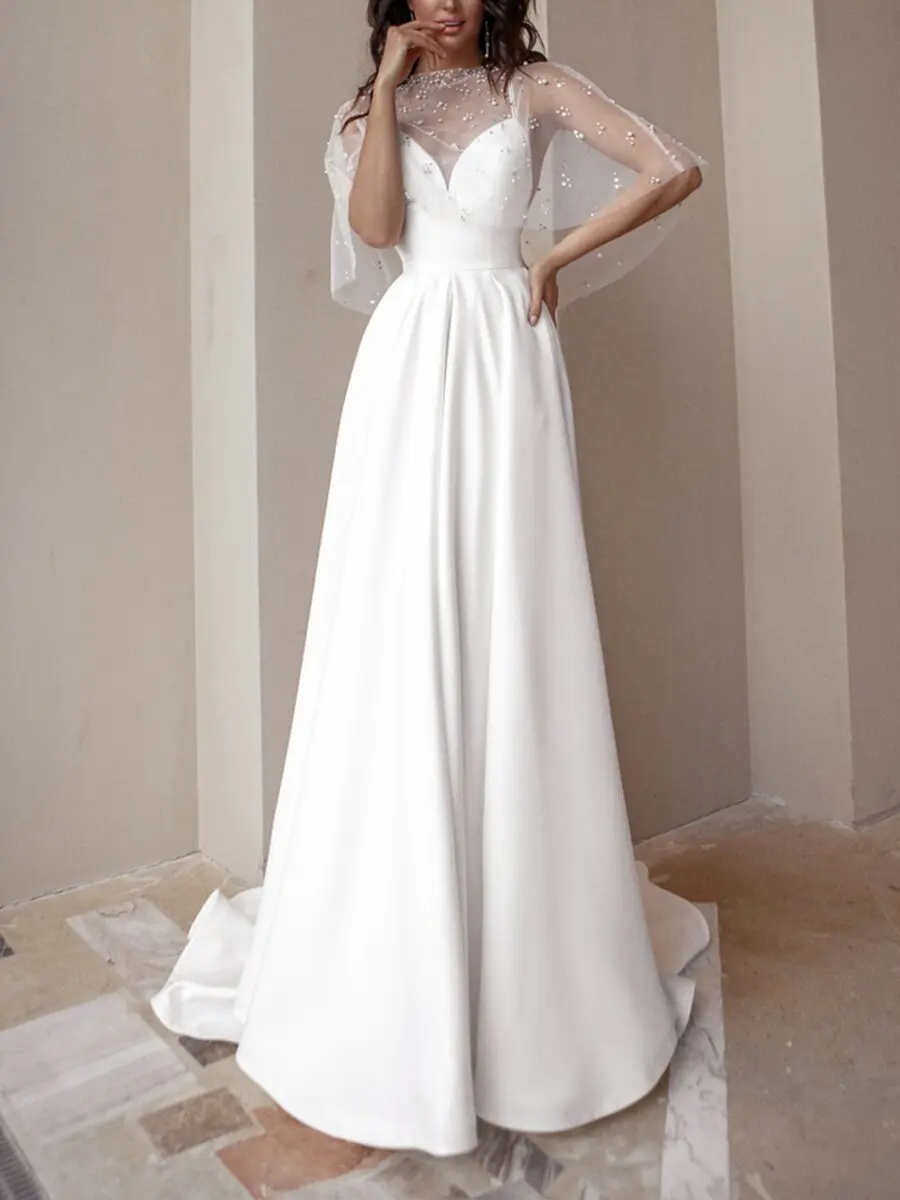 

2021 elegant A-line wedding dress dew back strap pearl sleeveless dress