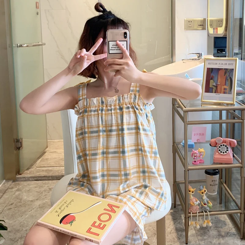 

Plaid Pajamas Women Summer Pyjamas Sexy Sleeveless Cotton Sleepwear Thin Two-piece Suit Cute Print Home Clothes Female Nightsuit
