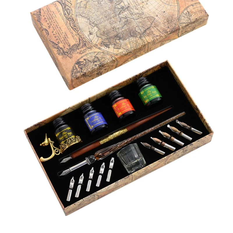 

Vintage Dip Pens Fountain Writing Ink 10 Nibs Pen Holder Gift Box Calligraphy Stationery Office School Supplies M5TB