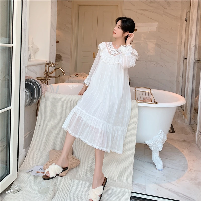 

Ночная рубашка, сексуальная женская белая кружевная ночная рубашка, Женская весенне-Летняя Повседневная Длинная пижама принцессы из хлопк...