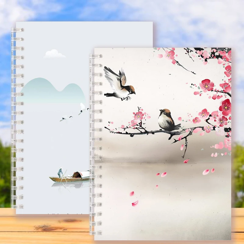 

Chinoiserie Spiral Notebook Note Book Chinese Style Dairy Vintage Retro Landscape Tree Bird Ink Painting Cover Agendas Decor
