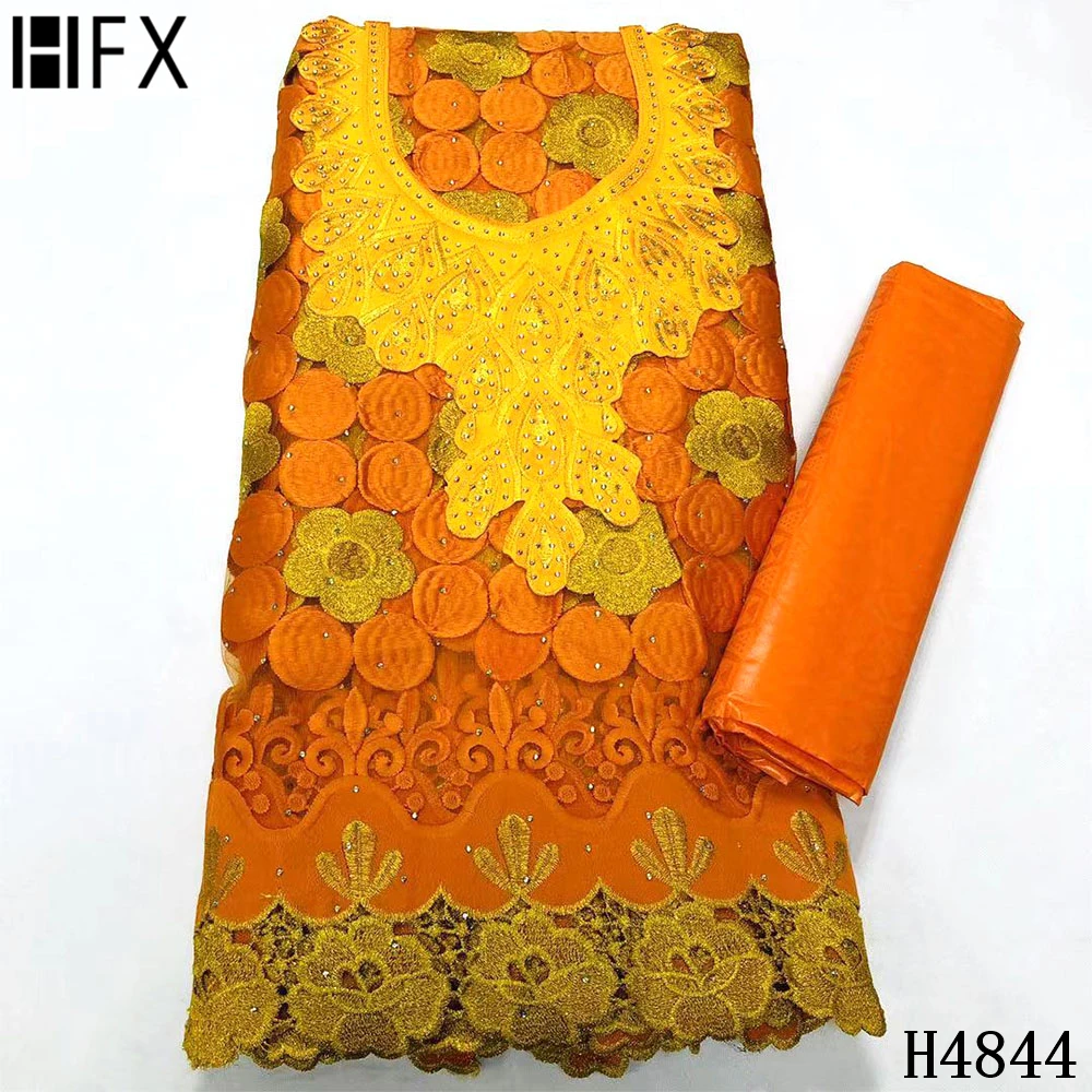 

HFX 2.5 y + 2.5 y Perfume Bazin Riche Fabric + Collar Embroidery Stones African Bazin Brode French Tulle Cord Lace Fabric F4844