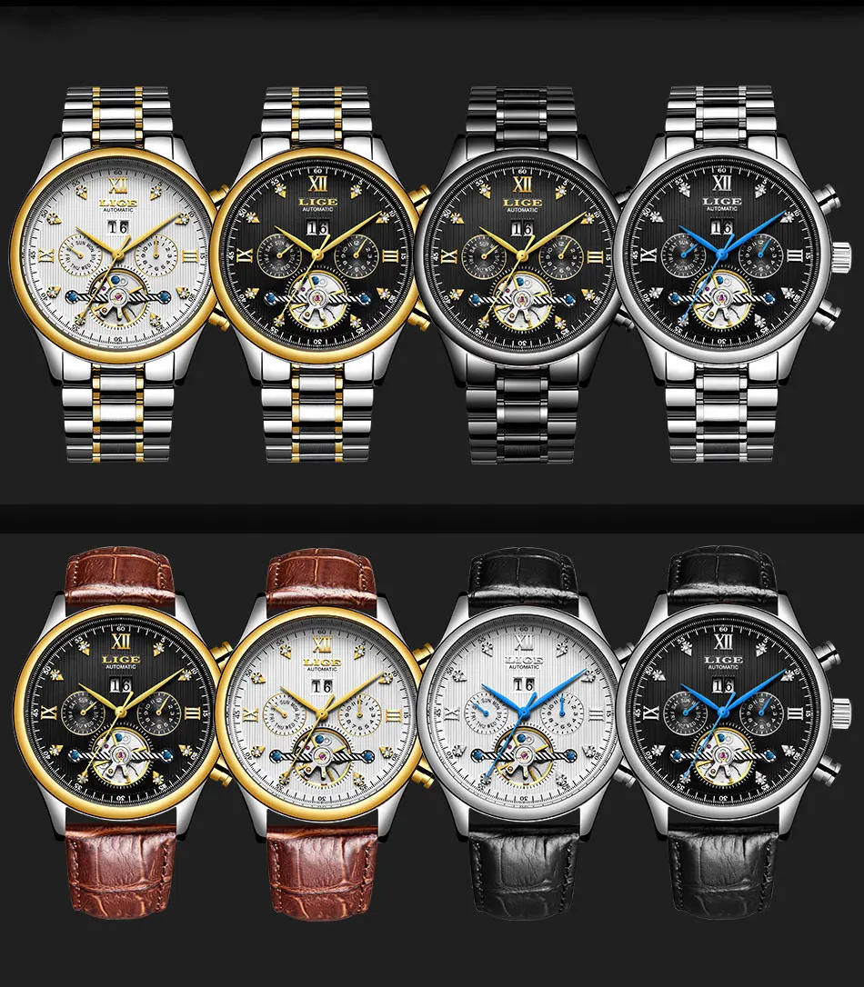 LIGE Брендовые мужские часы автоматические механические часы Tourbillon спортивные часы кожаные повседневные деловые часы в ретро-стиле Relojes Hombre