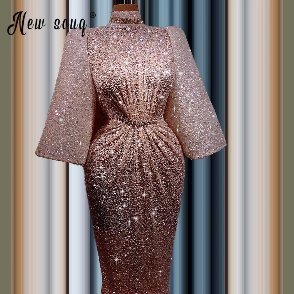 

Muslim Loose Sleeve Champagne Midi Evening Dress Crystals Beaded Mermaid Formal Prom Gowns Dubai vestido de festa For Party