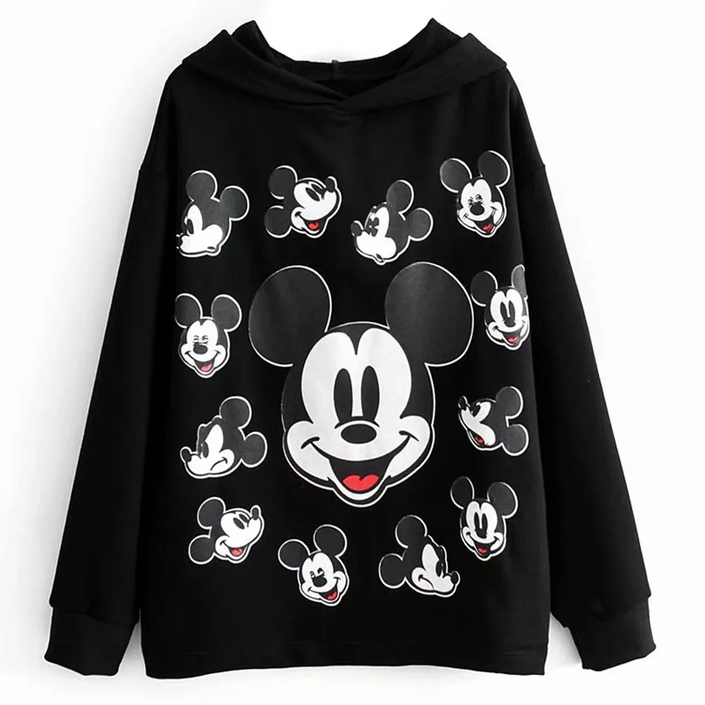 Disney Стильная черная футболка с принтом Микки Мауса, пуловер с капюшоном, модный Женский Повседневный Свободный Топ с длинным рукавом в стиле Харадзюку - Цвет: Black