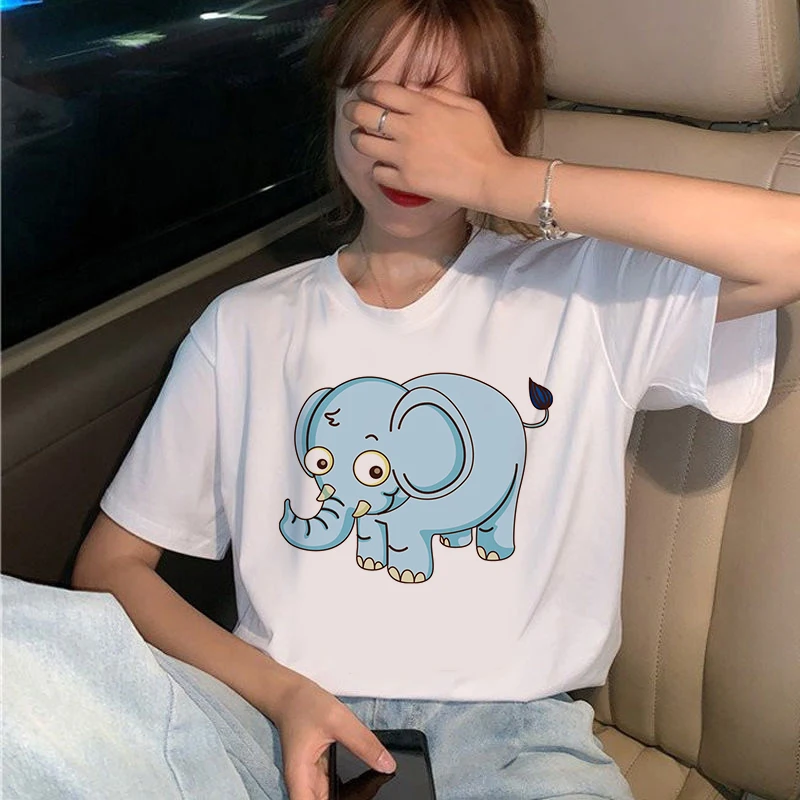 

Women T shirt Kawaii Elephant Printed t shirt Short Sleeve Round Neck Harajuku Ulzzang Female T shirts Clothing Camisas Mujer