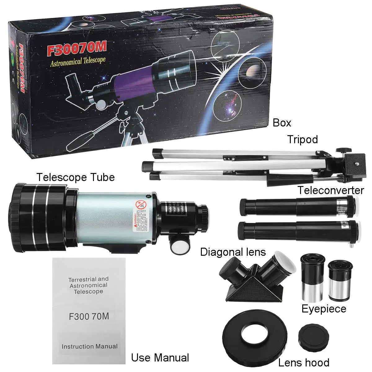 

150X Astronomical Telescope 70mm Wide Angle With Portable Tripod Sky Monocular Telescopio Space Observation Scope Outdoor