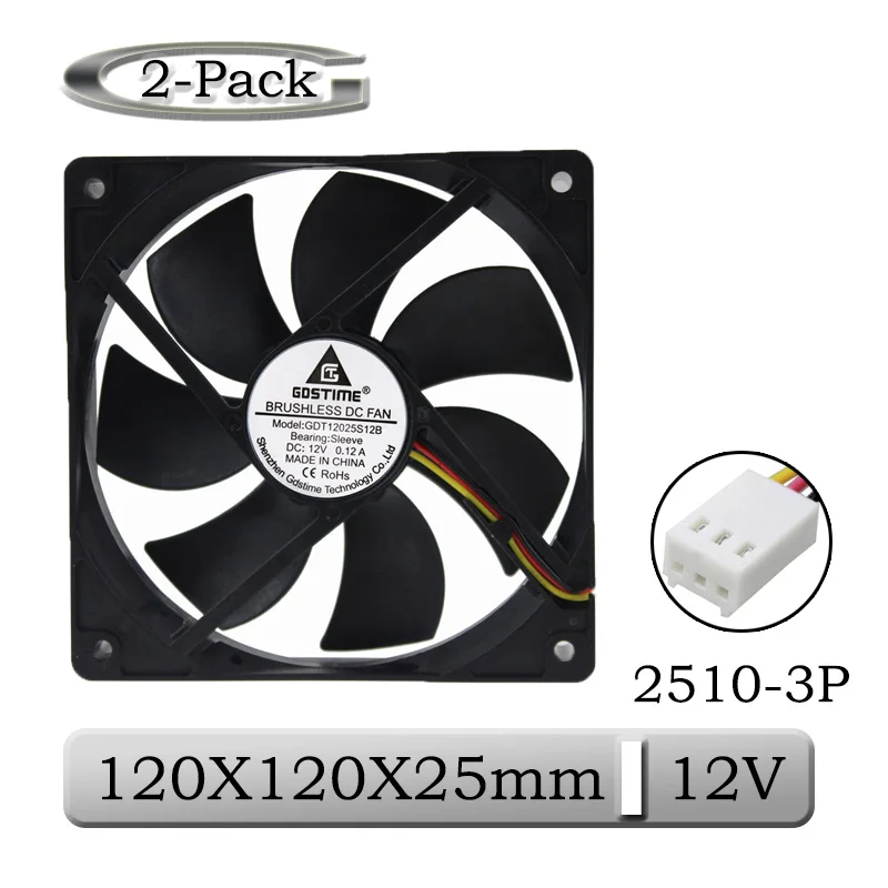 2 Piece Gdstime 12V 120x120x25mm 12025S PC Brushless DC Cooling Fan  120mm x 25mm 120mm 12cm 3Pin FG Function CPU Cooler