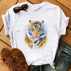 Новое поступление, модная крутая футболка с тигром и львом, Повседневная белая футболка с коротким рукавом, топ с мультяшным принтом