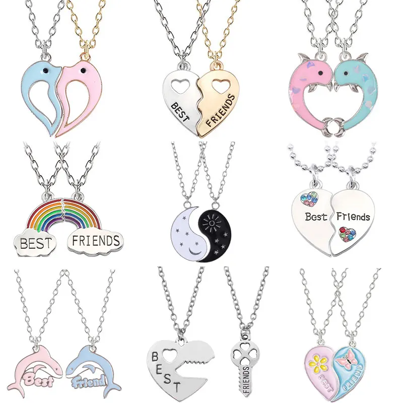 

2 Pc Fashion Trendy Best Friends Honey Love Couple Pendant Necklace Rainbow Broken Heart For Women Chain BFF Friendship Jewelry