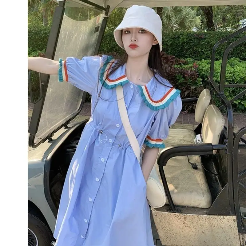

Women Summer Sweet Dress Girls Peter Pan Collar Shirring Empire Slim Streetwear Preppy Elegant White Vestido Short Puff Sleeve