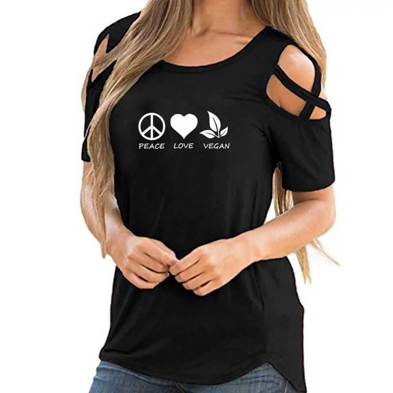 

Fashion New Peace Love Vegan T Shirts Women Short Sleeve O-Neck Cotton Girls Clothing Tees