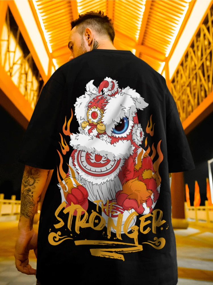 

Футболка в китайском стиле с изображением Льва, Мужская модная брендовая свободная футболка большого размера с коротким рукавом и рукавом ...