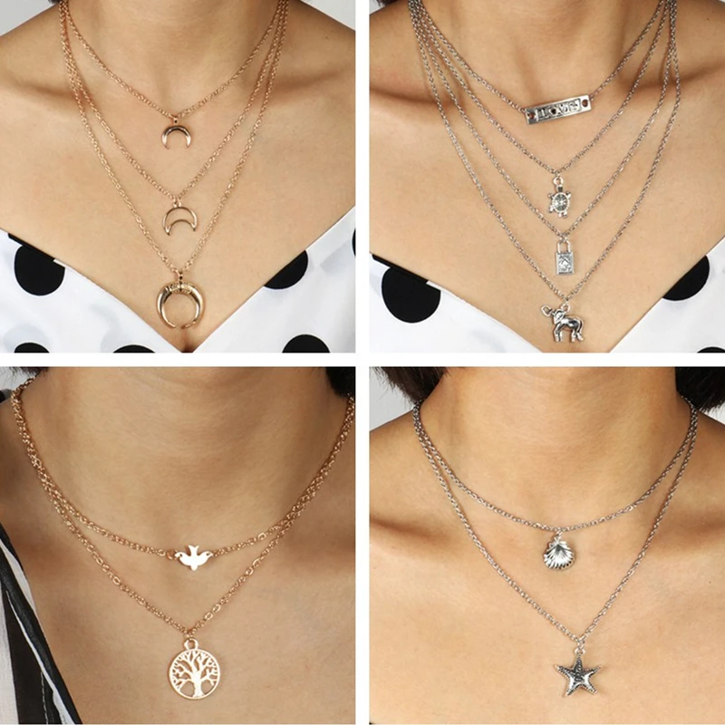 

Summer Jewelry Big Statement Multi Layer Shell Stars Hearts Leaves Peace Dove Chain Necklaces & Pendants for Women Femme Bijoux