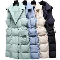 2021 cotton padded down vest women mid length autumn winter warm sleeveless jacket waistcoat sashes outerwear student vest