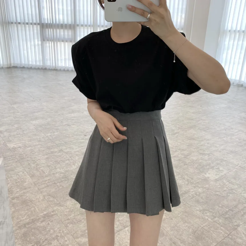 

Korejpaa Women T-Shirt 2021 Summer Korean Chic Simple Versatile Round Neck Loose Casual Design Irregular Split Short Sleeve Top