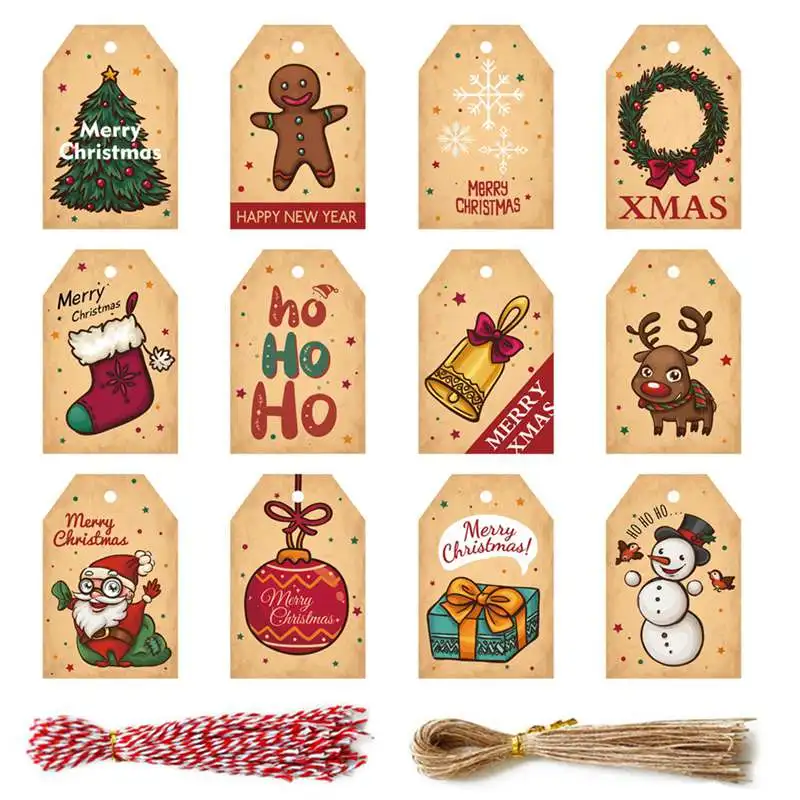 

48pcs Retro Merry Christmas Tags Kraft Paper Card Gift Label Tag DIY Hang Tags Gift Wrapping Decor Gift Card Christmas Favors