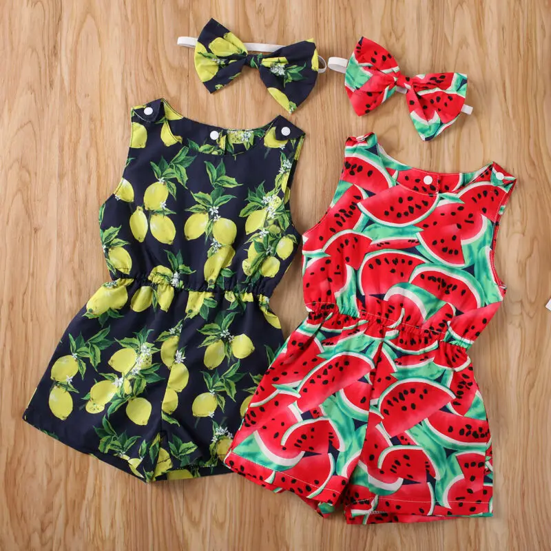 

Pudcoco 2021 Toddler Kid Baby Girl Fruit Romper Sleeveless Fruit Print High Waist Jumpsuit Romper+Bowknot Outfit Clothes Summer