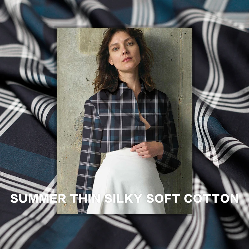 Pearlsilk ширина 150 см темно-синий клетчатый принт тонкая 100% хлопковая ткань летняя