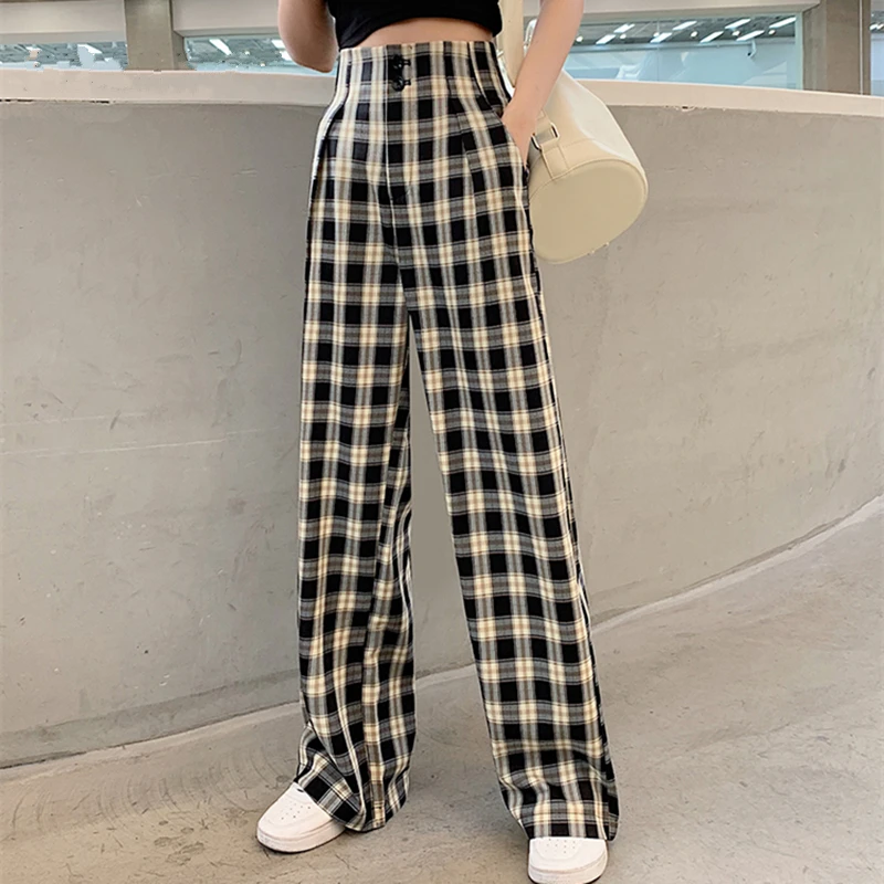 

Spring Autumn 2021 New Vintage Plaid Women's Wide Leg Pants High Waist Loose Suits Pants Chic Female Office Lady Long Trousers
