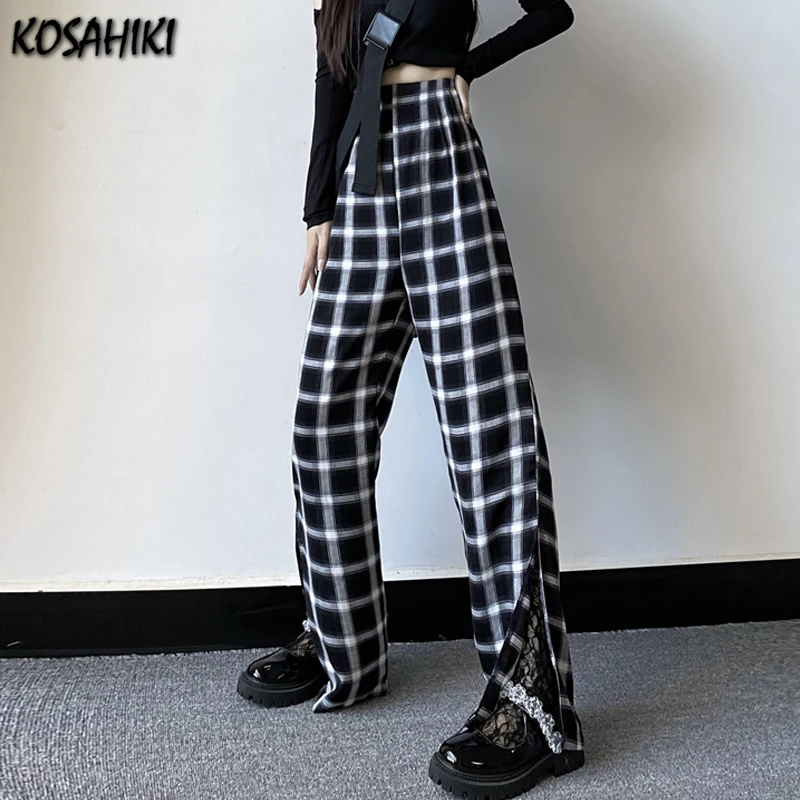 

KOSAHIKI женские широкие брюки Высокая Талия плед Разделение Штаны Повседневное впитывает пот и Штаны летние расклешенные Штаны Harajuku Винтаж в ...