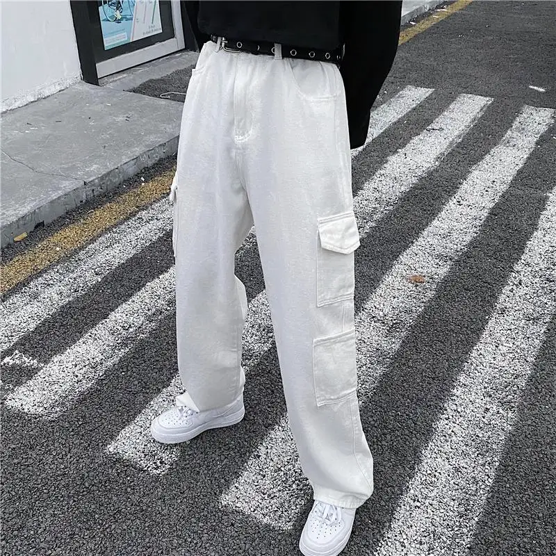 

Korean Retro Straight Jeans White Men's and Women's High Waist Wide Leg Pants Loose Casual Pants Trousers