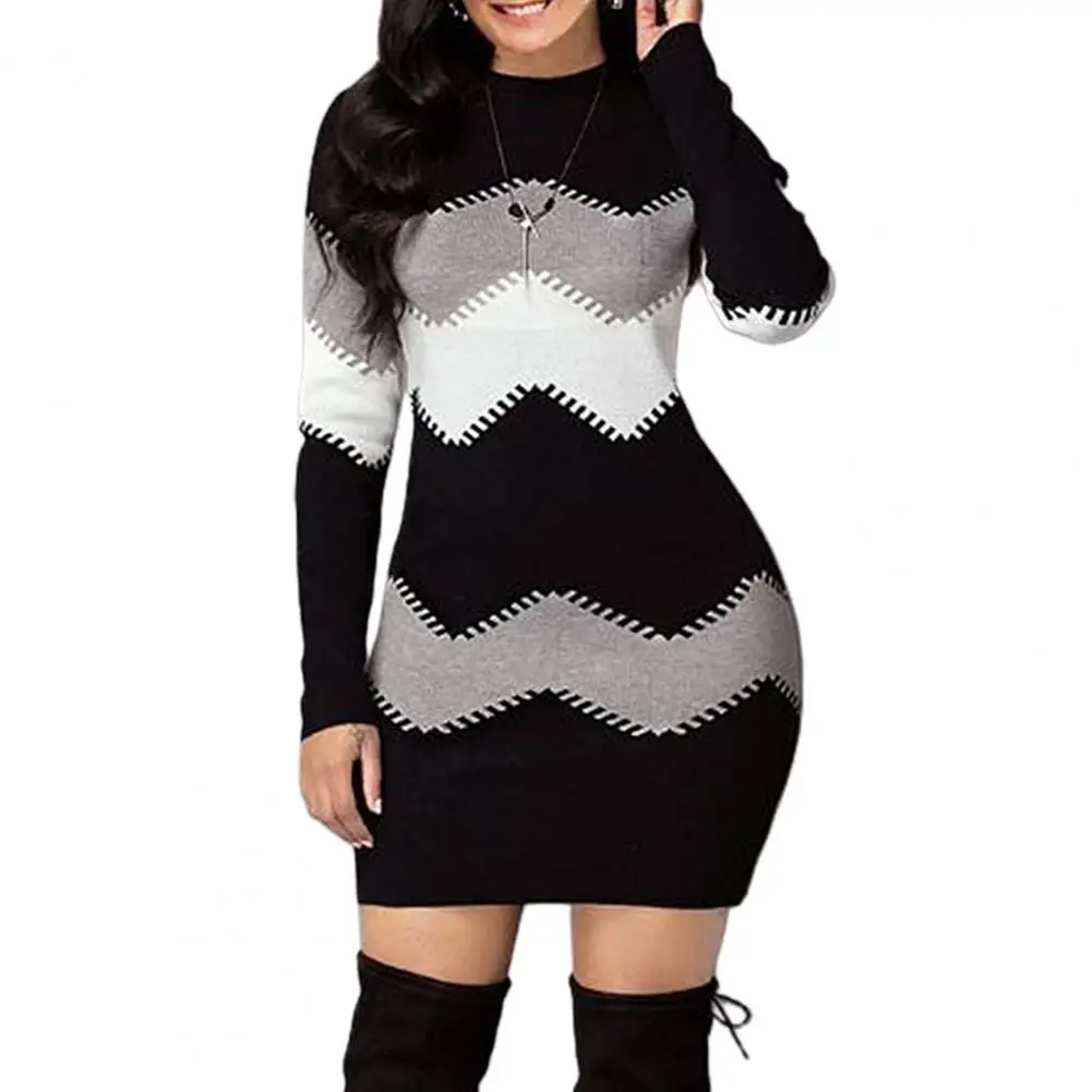 

Женское осеннее трикотажное мини-платье-свитер, многоцветный Топ, повседневный полосатый свитер с длинным рукавом, облегающие Рождественс...