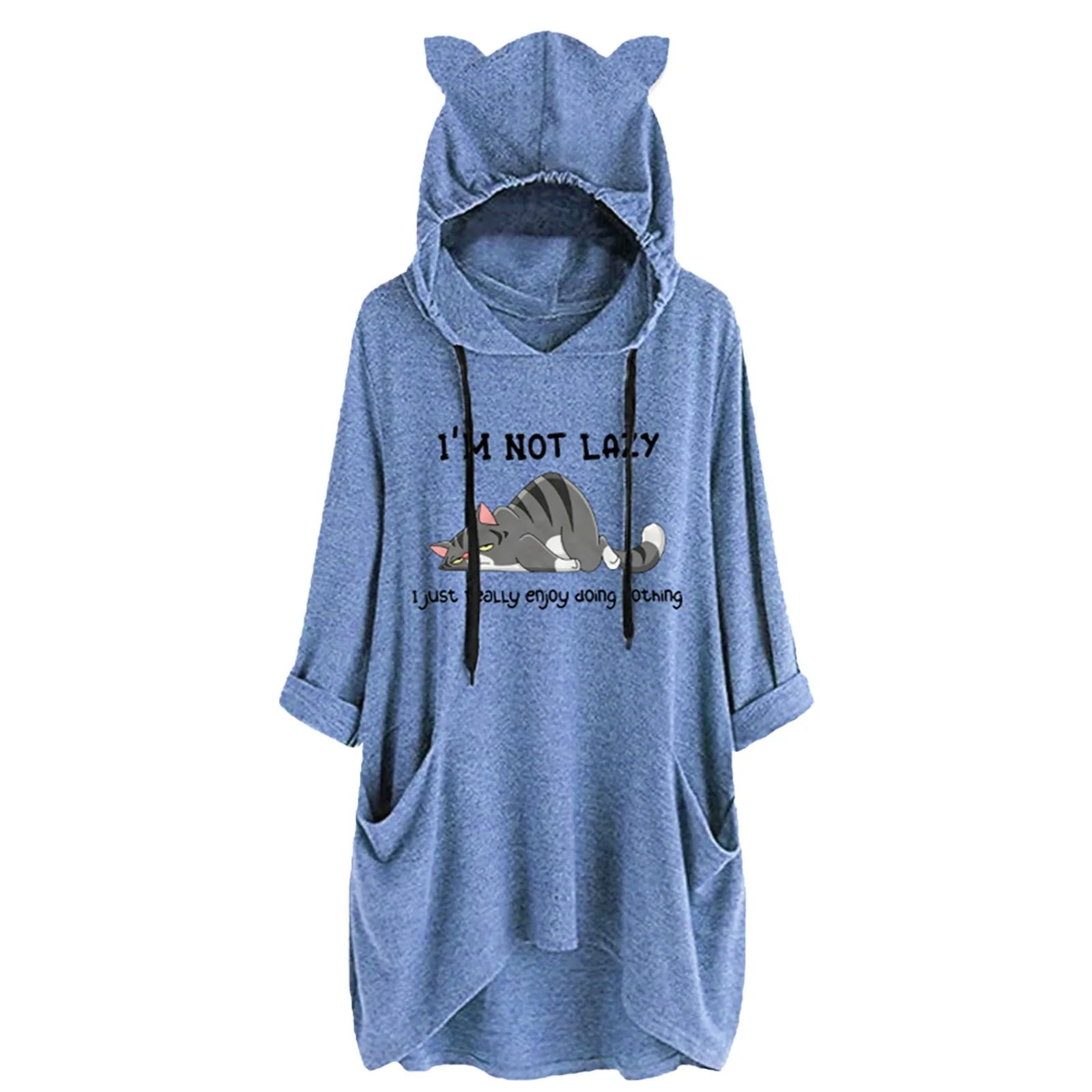 

Tops Women Ear Hat Mid-length Blouse Mid-sleeve Cute Printed Hooded Loose Top I'm Not Lazy I Just Peally Enjoy Doing Nothing #Q