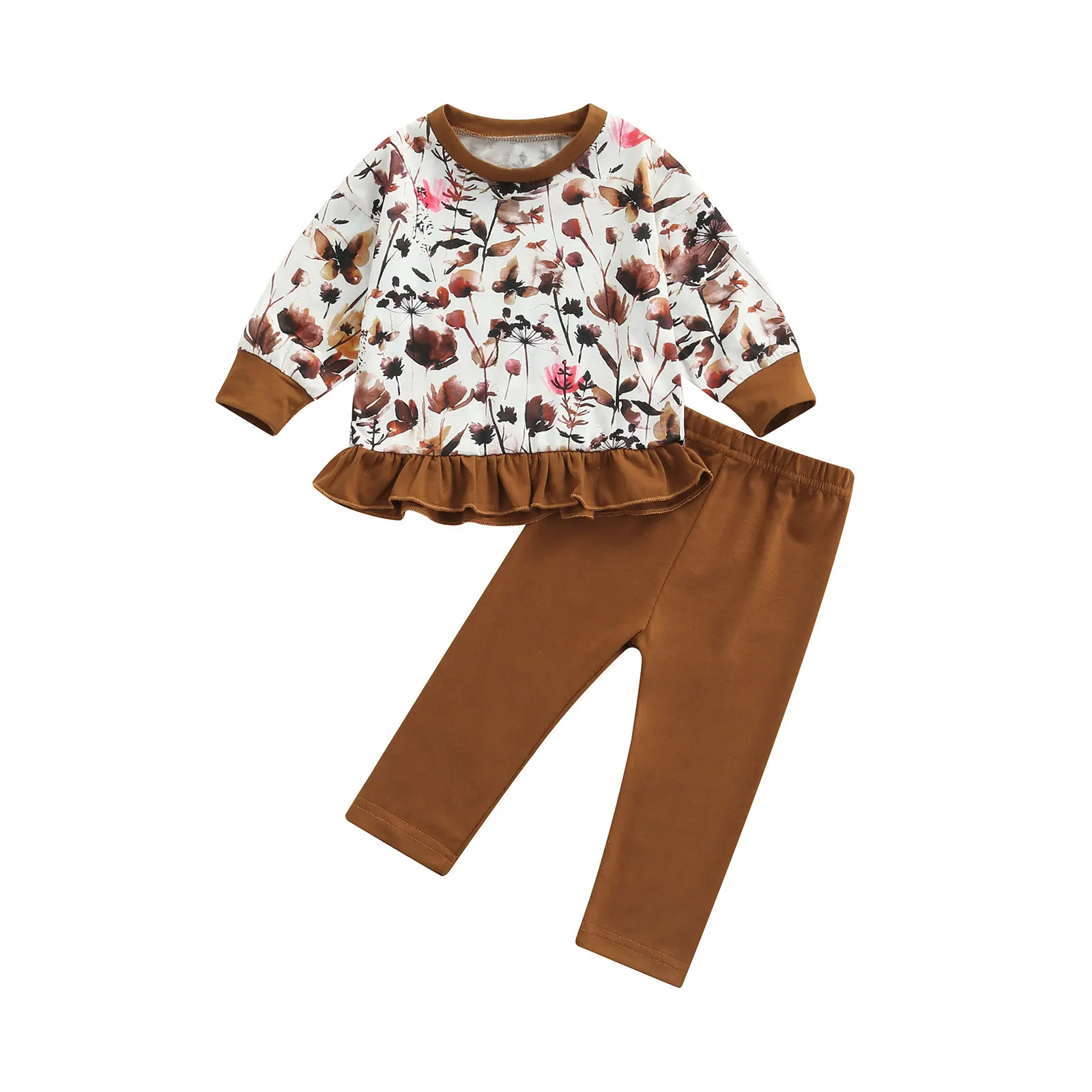 

Emmababy 2022 New Toddler Baby Sets 2Pcs Fall Outfits Long Sleeve Floral Print Ruffle Hem Tops + Pants Set