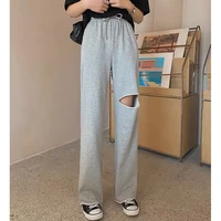 shijia ripped sweat pants women high waist elastic gray black hole sweatpants female loose streetwear chic trousers 2021 summer