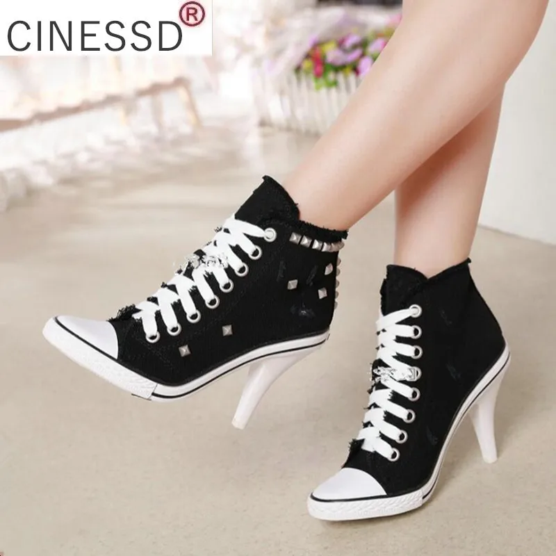 

2021 Women Canvas Shoes Denim High Heels Black Rivets Shoes Fashion Shoe Laces Sneakers Women Short Boots