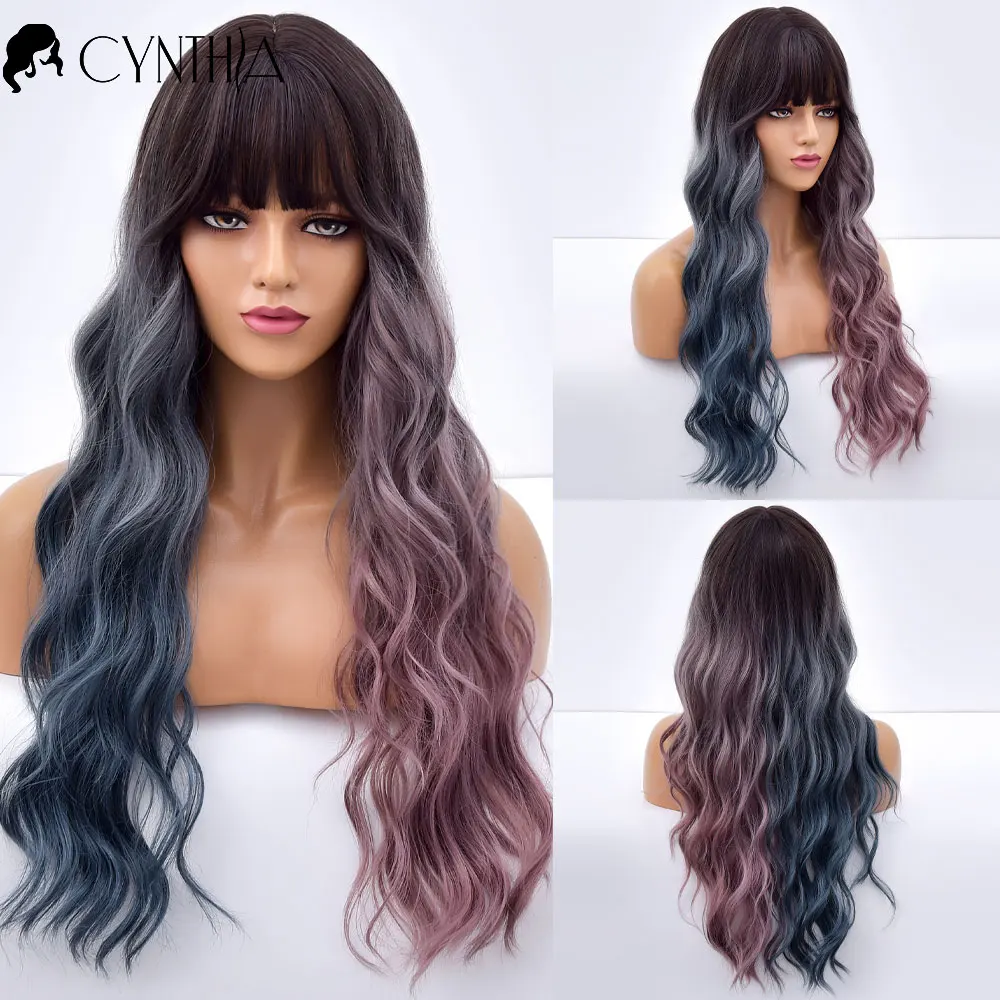 

Cyan Grey Purple Long Wave Ombre Synthetic Wigs With Bangs For Women Daily Natural Female Cosplay Wavy Heat Resistant Fiber Wigs