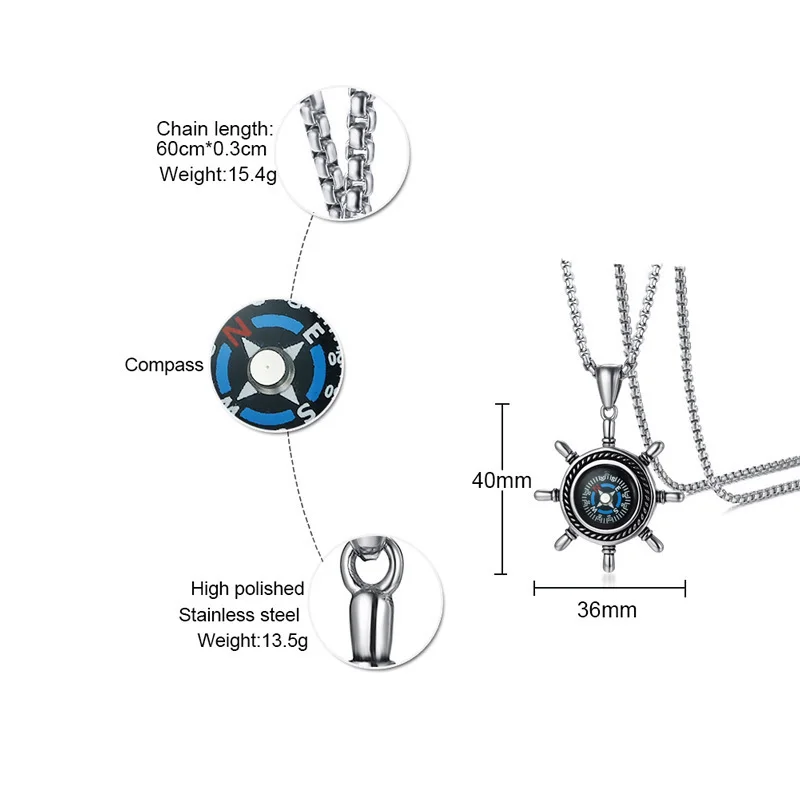 Высокое руля ожерелье подвеска с компасом для мужчин нержавеющая сталь Открытый