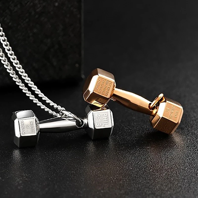 New Gym Dumbbell Pendant Necklace Gold Silver Color Bodybuilding Women Men Sports Barbell Gift Mens Jewellery | Украшения и