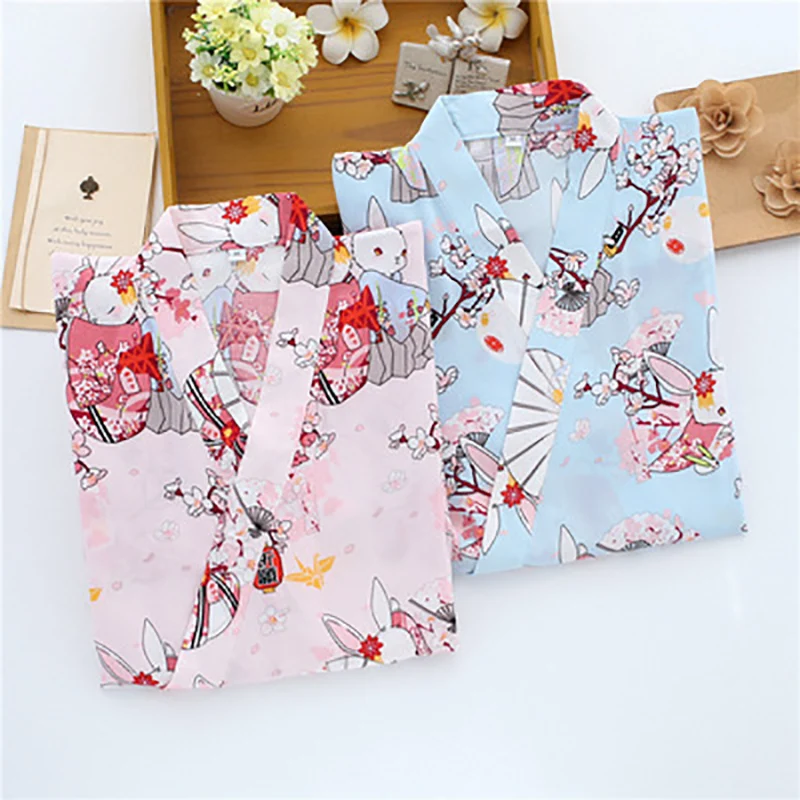 Japanese Women Pray Rabbit Print Kimonos Long Robe Cotton Nightgown Bath Robes Kimonos Cosplay Anime Bunny Pattern Sleep dress