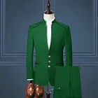 Смокинги мужские, с золотыми пуговицами, с воротником-стойкой, зеленого цвета, на заказ, свадебные, 2021