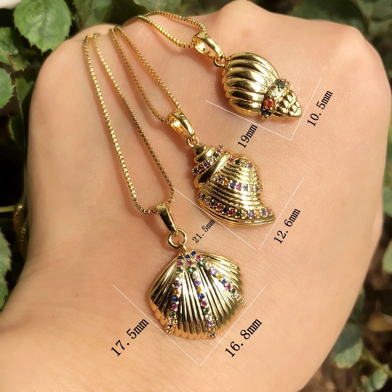

Shell Shape Pendant Necklaces for Women Gold color copper micro pave Colorful Zirconia Link Chain conch Necklace beach jewelry