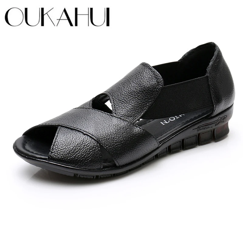 

OUKAHUI Summer Black Genuine Leather Flat Gladiator Sandals Women Low Heel Hollow Out Slip-On Peep Toe Leather Sandals Woman 42