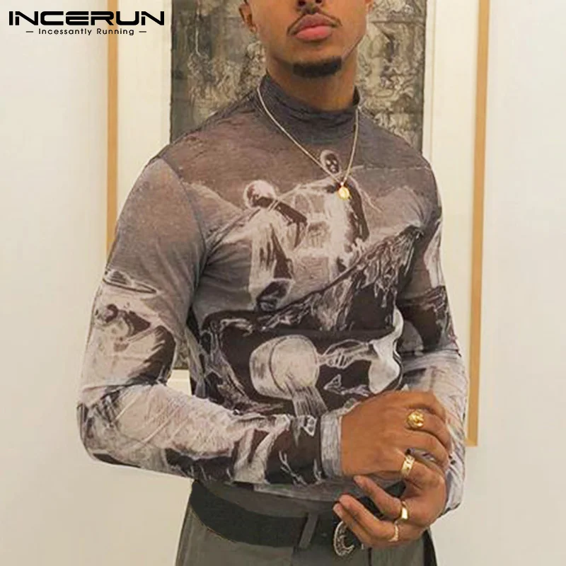 Fashion Men Tees American Style Leisure Streetwear Printed Breathable Mesh Stretch High-neck Bottoming T-Shirt Tops 2021 INCERUN