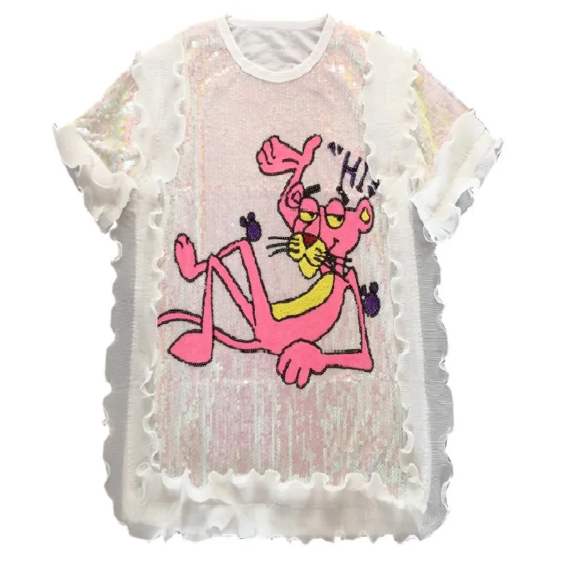 2021 летняя Милая женская футболка с оборками из мультфильма Розовая пантера