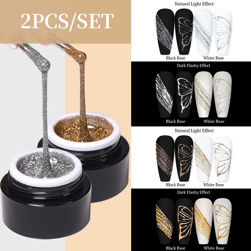 

BORN PRETTY 2Pcs/Set 5g Reflective Glitter Gel Polish Set Gold Silver Nail Art Sparkling Effect Nail Art Soak Off Nail Gel