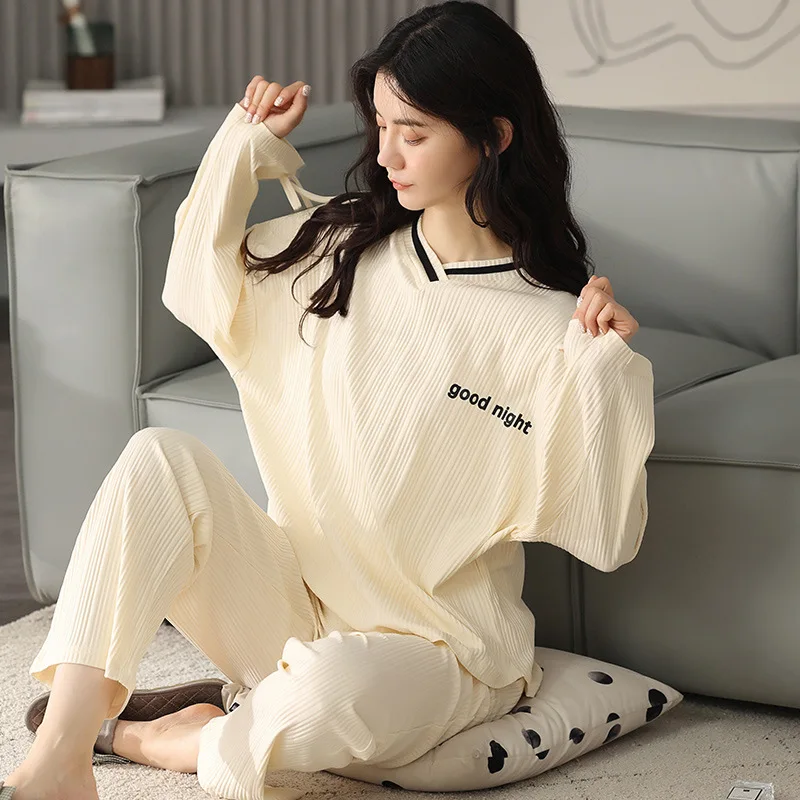 Pajamas Women's Long Sleeved Cotton Simple Leisure Suit Lady Home Clothes 2Pcs Set Sleepwear Female Nightwear Nightgown