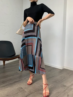 

HOT SELLING Autumn and winter new super fairy metal shiny gloss print pleated skirt Satin long skirt IN STOCK