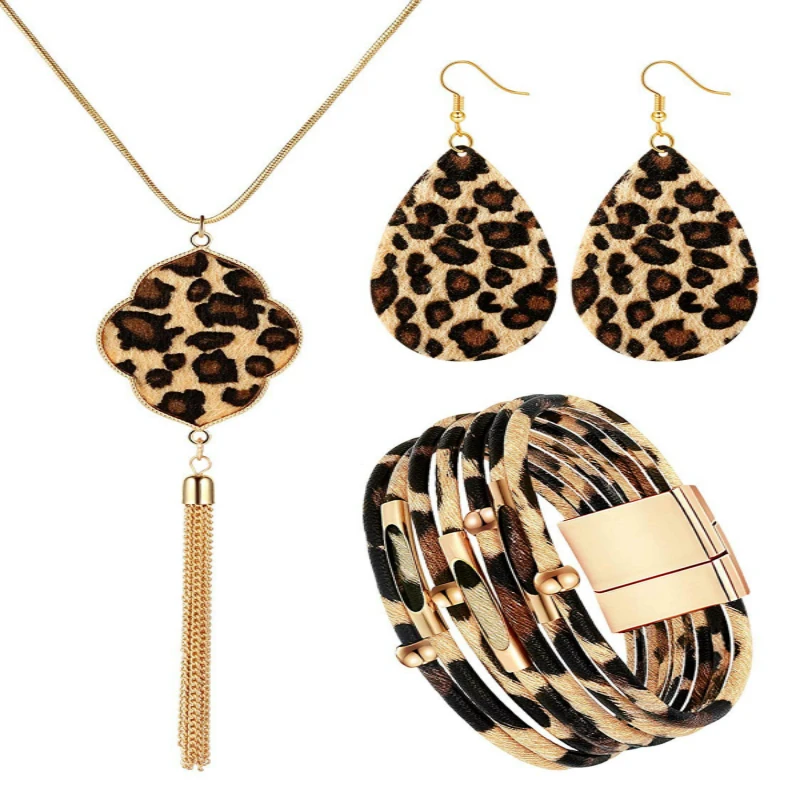 3 Pieces Leopard Bracelets Bohemia Earrings Necklace for Women Girls | Украшения и аксессуары