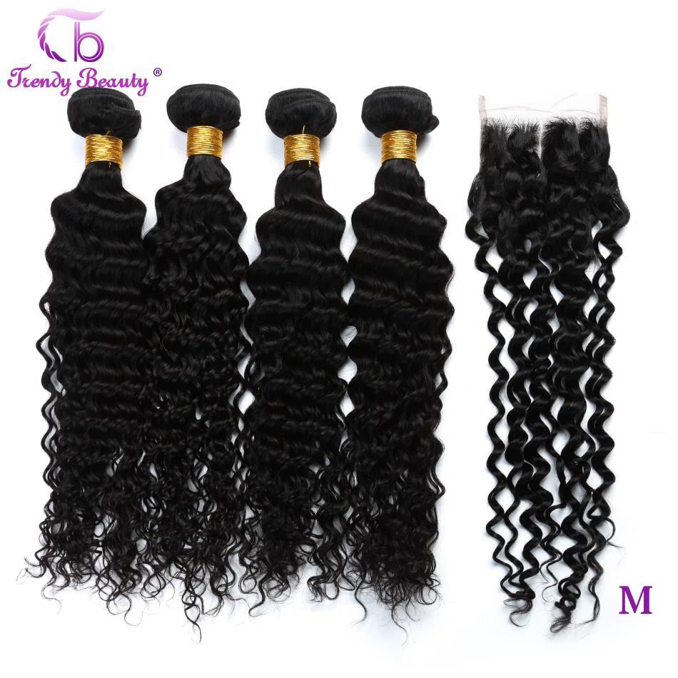 Peruvian Deep Curly Hair 3/4 Bundles With Closure Middle/Free/Three Part Non-remy Human Hair Extensions Natural Black Color