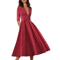 sexy v neck polka dot dress half sleeve print a line dresses for women long casual vintage red empire elegant vestido de mujer