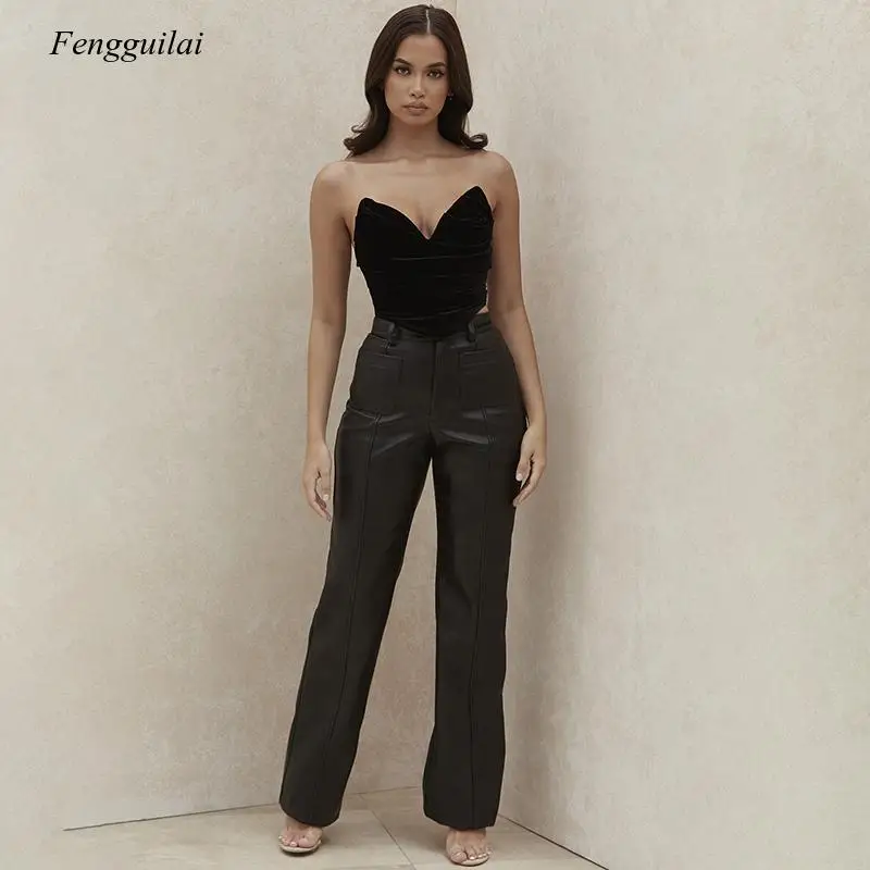 

Autumn and Winter New Style Women's Fashion Solid Color PU Leather Trousers High Waist Office Lady Slim Vintage Wide Leg Pants