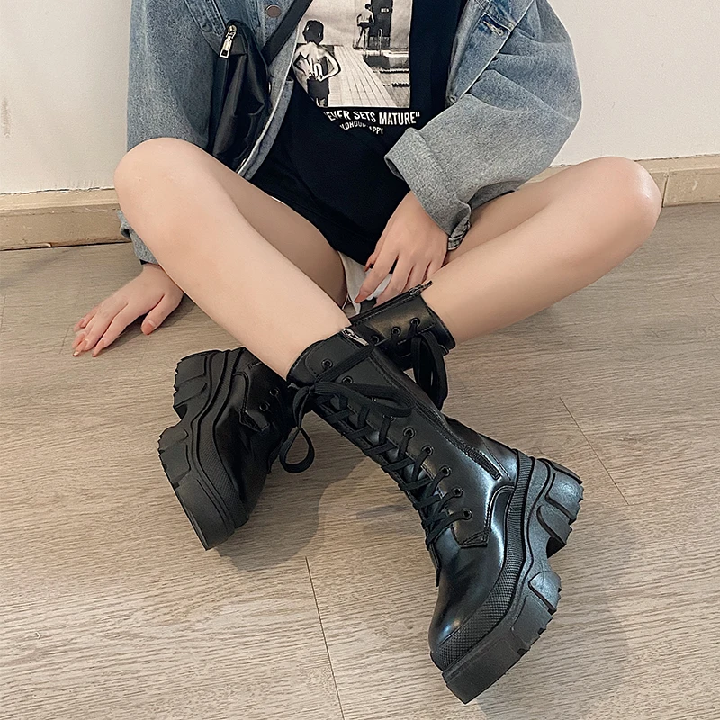 

2021 Spring Autumn Women Black Combat Boots Fashion Chunky Platform Gothic Punk Shoes Women Ankle Chelsea Boots