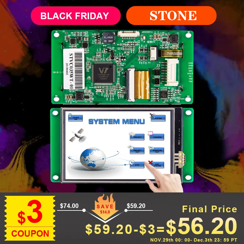 3,5 дюймовый TFT ЖК-дисплей монитор с ЦП+ сенсорный экран+ RS232/RS485/USB порт 100 шт